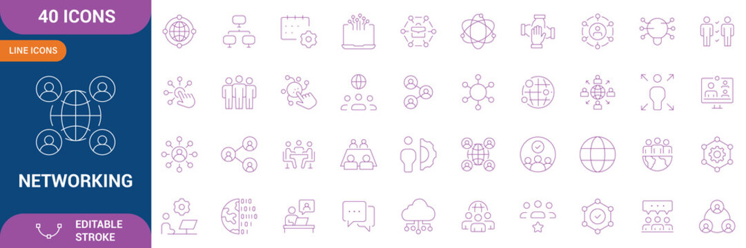 Networking icon set. Containing network, connections, relationship, online networking, community, events, social network and etc. Editable stroke. Vector illustration.