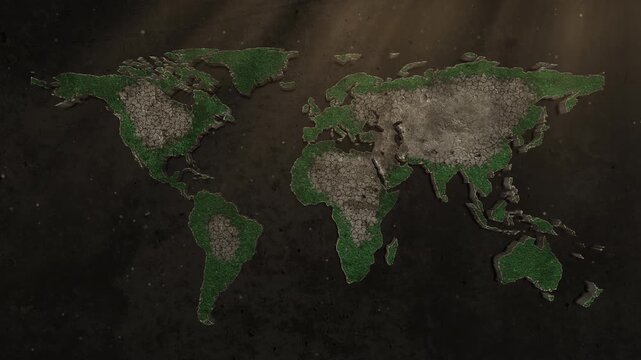 Nature reclaiming earth, 3D stone world map animation with cracking surface and growing forest from coasts to inner land, green transformation, rewilding, dark background with light rays and particles