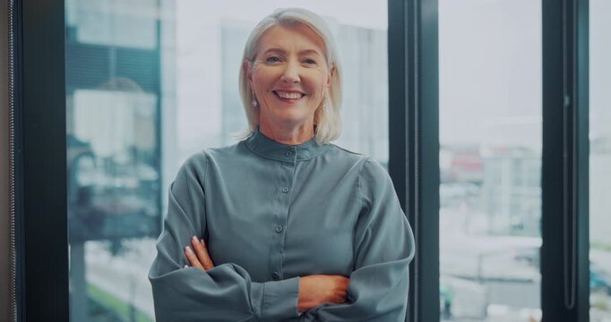 Mature, face or realtor in agency with arms crossed, career or ambition as property seller. Portrait, woman or real estate agent in office with pride, about us or confidence in housing industry.