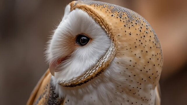 A detailed profile of a barn owl&rsquo;s pale face and deep eyes.