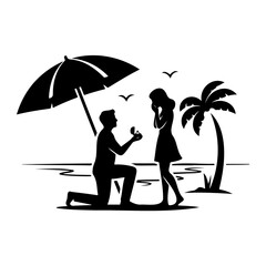 Fototapeta premium Romantic Beach Proposal Silhouette Man Proposing Marriage to Woman at Tropical Sunset Vector Illustration