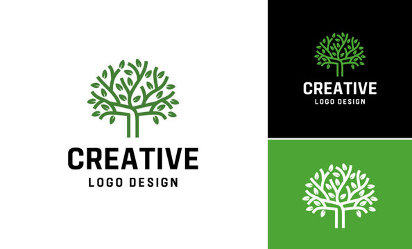 Letter T oak tree line art nature vector logo design, Creative abstract tree logo symbol design