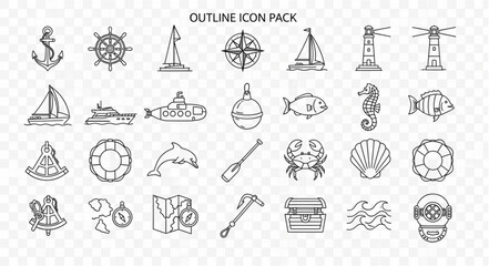 Collection of nautical outline icons representing various marine elements and symbols. © Han