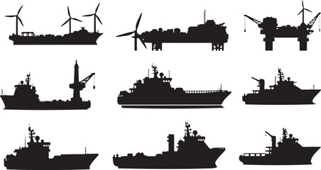 Obraz premium Silhouettes of various naval ships and wind turbines on white background