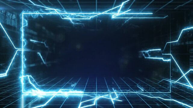 Glowing blue neon grid lines forming a futuristic rectangular frame on a dark background with a technological ambiance.