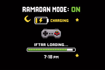 Obraz premium Pixel art graphic depicting 'Ramadan Mode: ON' with a charging battery, retro gamepad, and 'Iftar Loading...' progress bar, showing 7:18 PM.