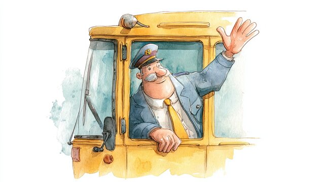 A smiling bus driver in uniform waves cheerfully from the window of a yellow bus.