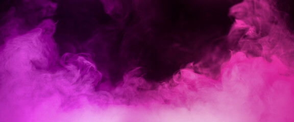 Colorful smoke with pink purple flare isolated on a black background. abstract neon gradient cloud with splash. thick swirling dust and powder creating a psychedelic light design. smog effect