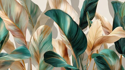 A detailed illustration of large tropical leaves in shades of green, beige, and brown with fine line textures on a neutral background.