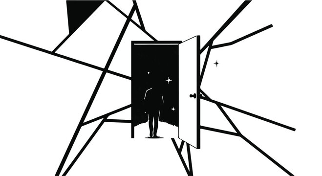 Silhouette person stepping through an open door into a starry, dark expanse