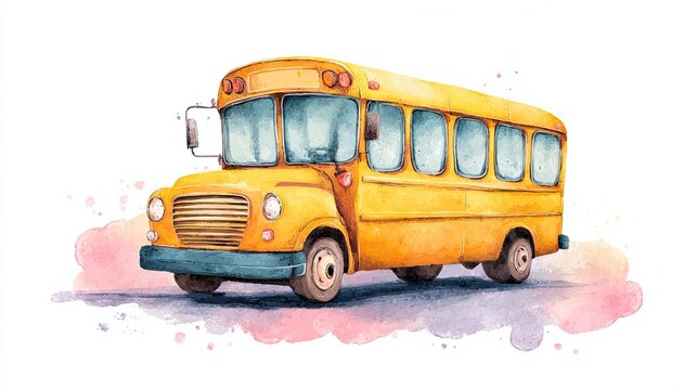A watercolor illustration of a classic yellow school bus with a slightly worn look, set against a soft pink and purple splattered background.