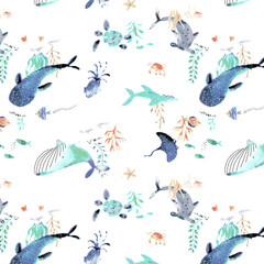 Obraz premium Seamless Watercolor Sea Life Pattern, Whimsical Ocean Animal Background