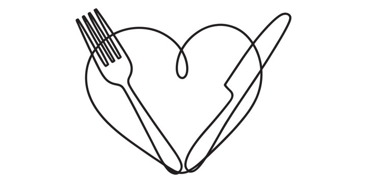 Continuous line drawing of a heart shape integrated with a fork and knife on a white background. Vector, illustration