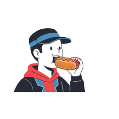 Young man wearing a cap eating a hot dog with mustard and ketchup, cartoon style