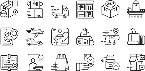 Collection of hand drawn vector icons related to logistics travel and technology isolated