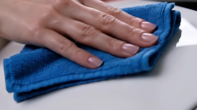 Close-up of hand wiping a clean white surface with a blue microfiber cloth
