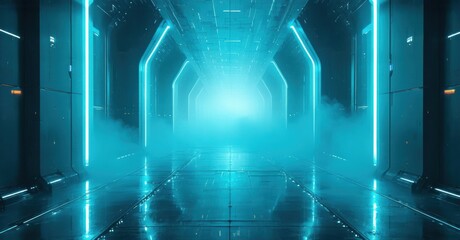 Fototapeta premium Futuristic corridor glows with bright blue light. Reflective floor mirrors illumination, creating depth. Smoke adds mystery.