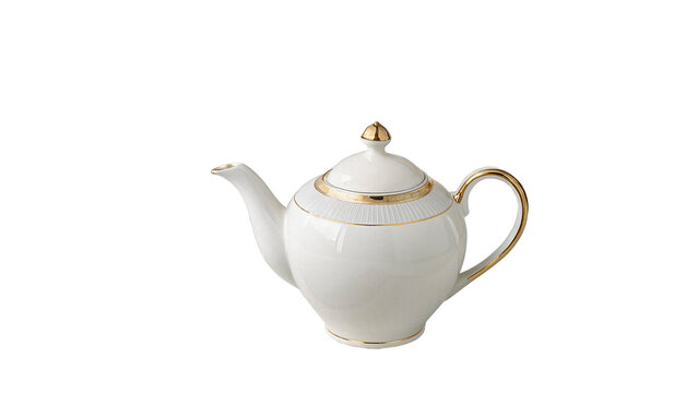 Elegant white teapot with gold details isolated on transparent background cut out