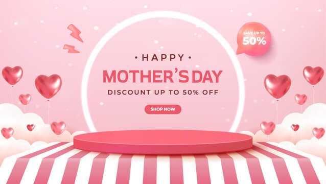 Happy Mothers Day Sale Promotion Banner with 3D Podium and Balloons