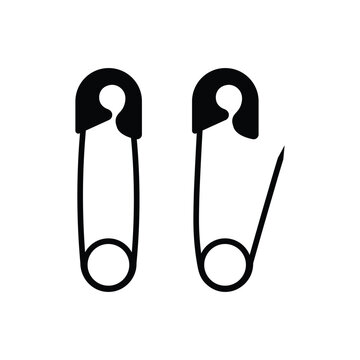 Open and closed black safety pin silhouette vector icons