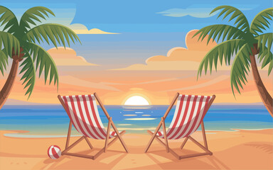 Beach Chairs Facing Sunset Ocean View with Palm Trees and Beach Ball