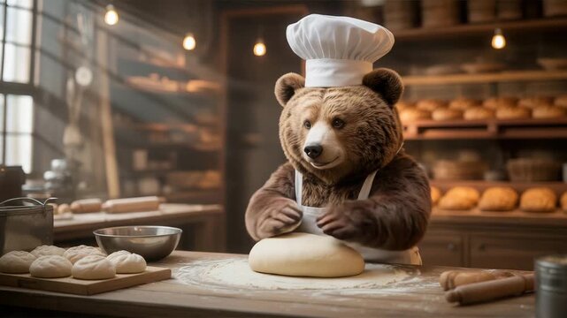 Adorable bear chef kneading dough in cozy bakery