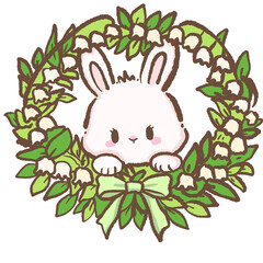 Obraz premium Cute bunny peeking through lily of the valley floral wreath hand drawn kawaii spring rabbit illustration with leafy frame and bow for nursery decor