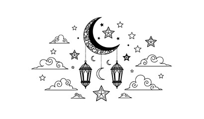 Ramadan Kareem typography with lanterns moon stars Islamic vector white background © SHAHADAT