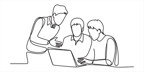 Continuous line drawing of three professional people collaborating on a laptop in an office.