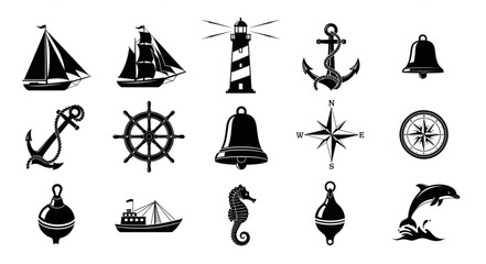 Nautical themed collection of various maritime symbols and icons in black and white. © Dita
