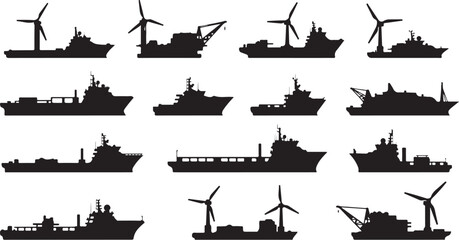 Obraz premium Silhouettes of various ships and wind turbines on white background
