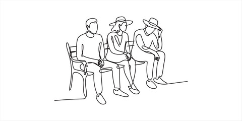 Obraz premium Continuous line drawing of three people sitting together on a park bench in a minimalist style. Vector, illustration