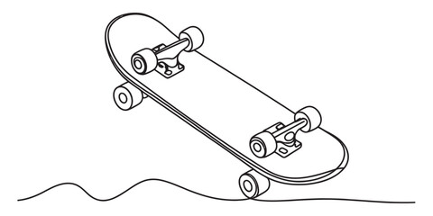A detailed line drawing of a skateboard shown from an underside angle with wheels and trucks isolated on white background, Vector, illustration © Pabon Art Gallery