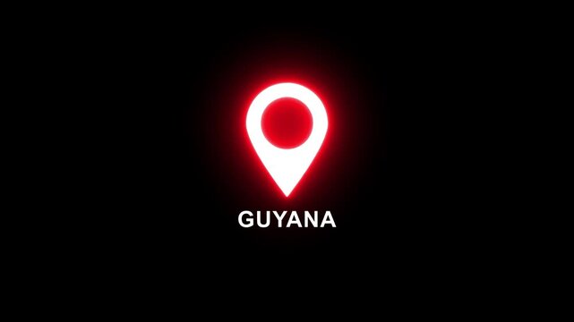 Red neon location pin icon with the word GUYANA illuminated on a dark background Guyana map marker. motion graphics. concept. animation. 4k video