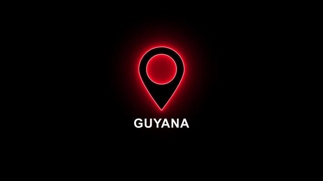 Red neon location pin icon with the word GUYANA illuminated on a dark background Guyana map marker. motion graphics. concept. animation. 4k video
