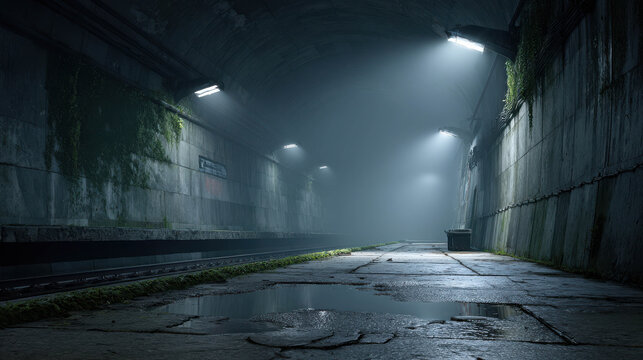 Atmospheric Subway Platform with Flickering Lights and Water Puddles