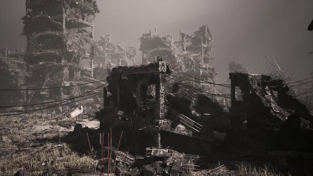 The devastated architecture of a city stands in ruins following intense military action, with debris scattered and remnants of buildings barely intact amidst a barren landscape.