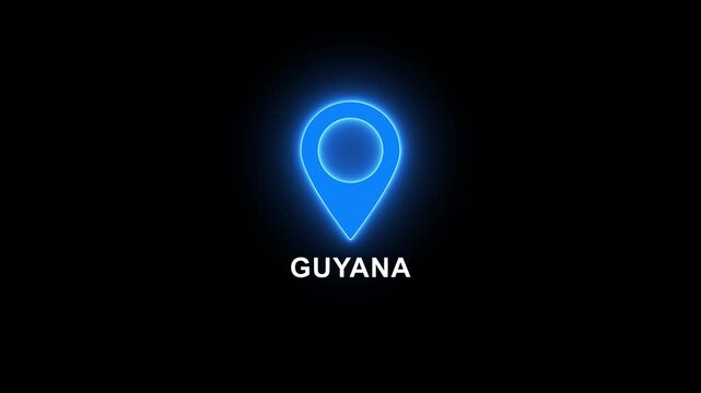 Red neon location pin icon with the word GUYANA illuminated on a dark background Guyana map marker. motion graphics. concept. animation. 4k video