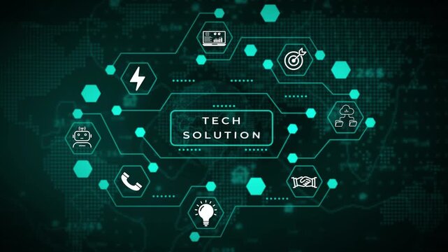 Digital network interface with interconnected hexagonal nodes and a central rectangular data processing area against a dark teal global map background with glowing dot grid