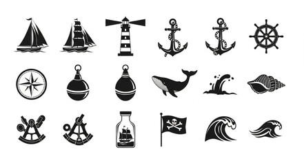 Collection of nautical themed illustrations in black and white, perfect for design. © Dita