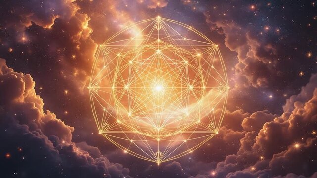 Sacred geometry patterns float in space, with golden ratio designs radiating harmony. Luxurious, spiritual scene blending cosmic elegance, symmetry, and ethereal aesthetics.
