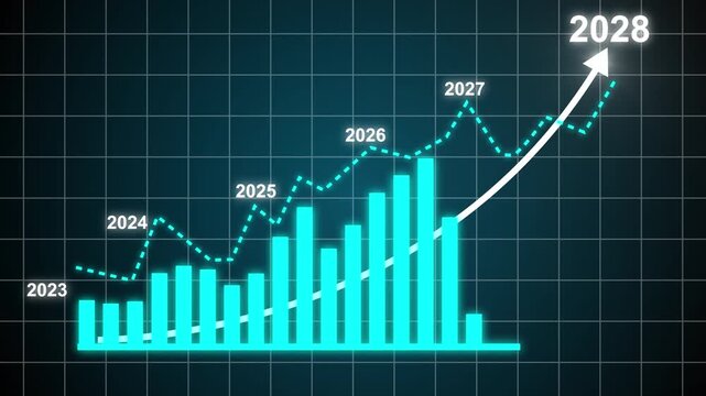 Business growth concept in allusive graph chart showing marketing sales profit increasing to future target . Excellent financial status of corporate business rise up by yearly, Hologram, graph line.