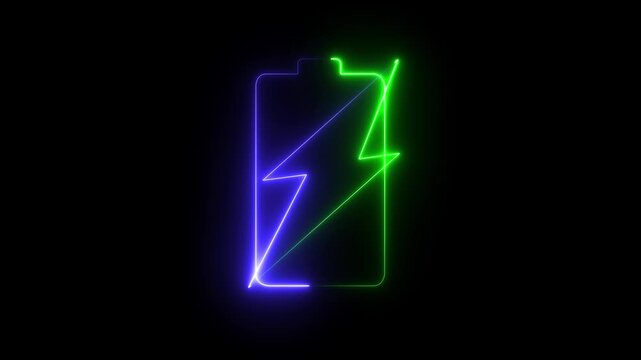 glowing neon symbol of vertical symbol of charging empty battery isolated on black background. car battery icon animation Glowing neon line animation. motion graphics. Concept. animation. 4k video
