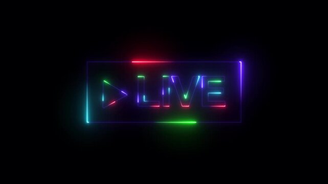 Neon Live streaming frame text icon animation glowing neon blue color font letter word template for streamers with play pause and circle rectangle with live show sign symbol on black background