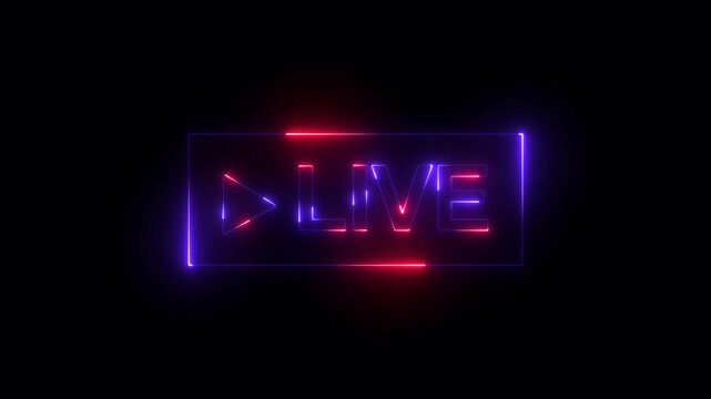 Neon Live streaming frame text icon animation glowing neon blue color font letter word template for streamers with play pause and circle rectangle with live show sign symbol on black background