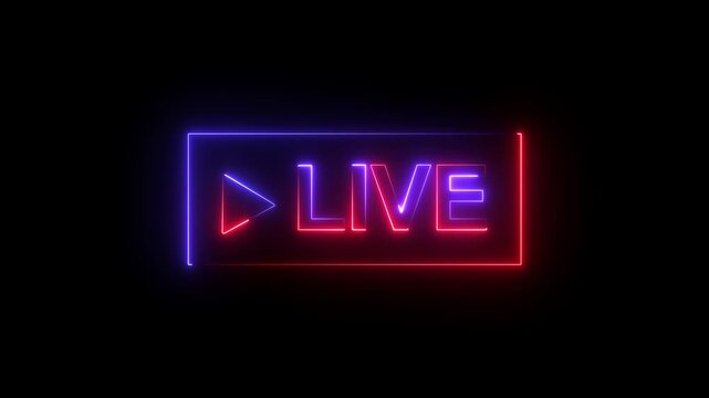 Neon Live streaming frame text icon animation glowing neon blue color font letter word template for streamers with play pause and circle rectangle with live show sign symbol on black background