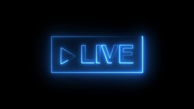 Neon Live streaming frame text icon animation glowing neon blue color font letter word template for streamers with play pause and circle rectangle with live show sign symbol on black background
