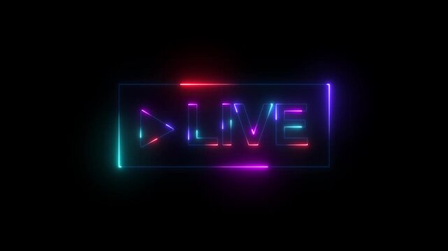 Neon Live streaming frame text icon animation glowing neon blue color font letter word template for streamers with play pause and circle rectangle with live show sign symbol on black background