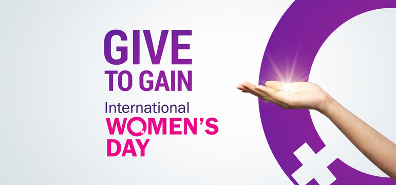 Give To Gain - International women's day concept poster. Woman sign illustration background. 2026 women's day campaign theme - #GiveToGain