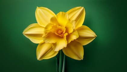 Fototapeta premium Yellow Daffodil Flower With St Davids Day Greeting On Green Background Petals